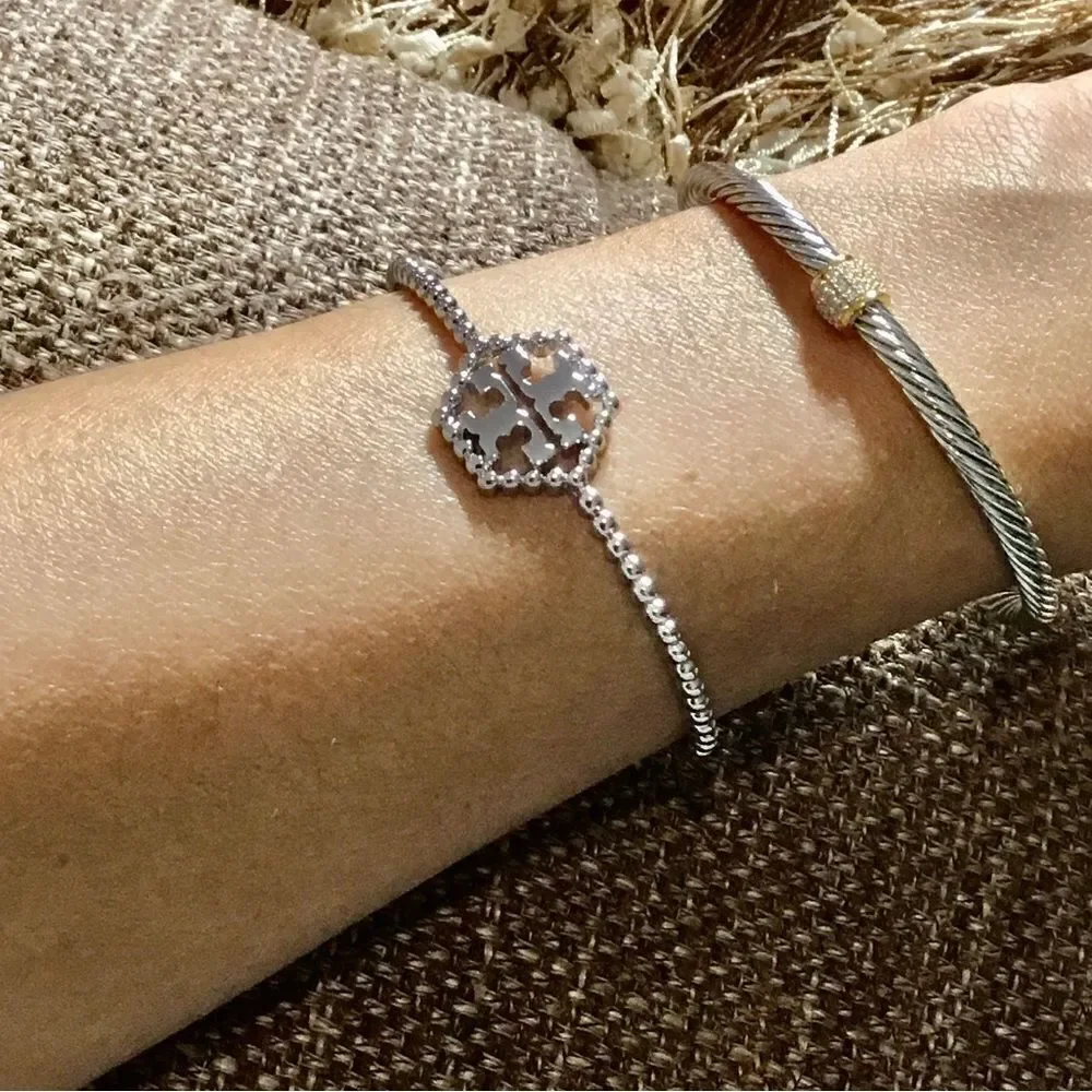 TORY BURCH HEXAGON SILVER OPEN BRACELET
